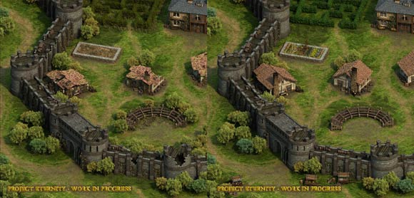 One of Hector's work in progress areas, the player's stronghold, in a ruined and restored state.