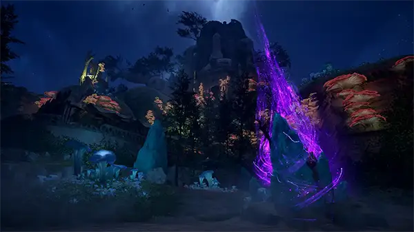 Image: In a rocky terrain densely populated with mushrooms, a purple energy rises into the air at night.