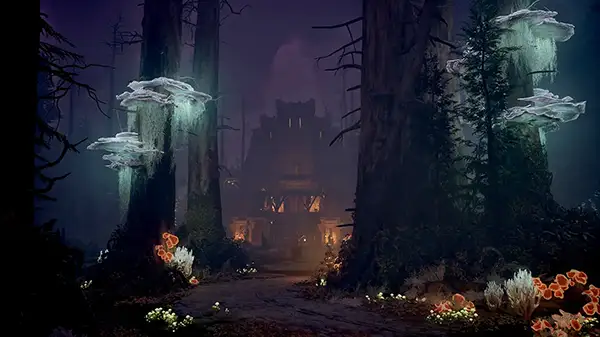 Image: A temple shrouded in fog sits nestled between massive trees.
