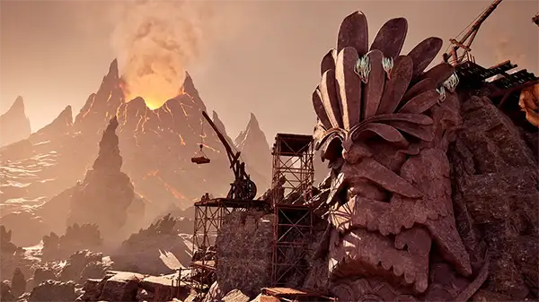 Image: Cranes work to build a monument in the shadow of a volcano.