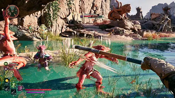 Image: The player defends themselves against a Xaurip Ravager while Yatzli looks on.