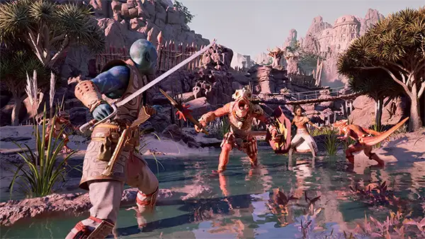 Image: Kai and Giatta defend themselves from Xaurip attackers.