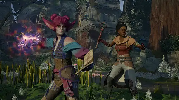 Image: Yatzli and Giatta stand ready for battle in a lush forest landscape.