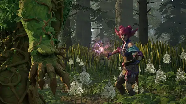 Image: Yatzli, cautiously approaches a large creature wrapped in vines.