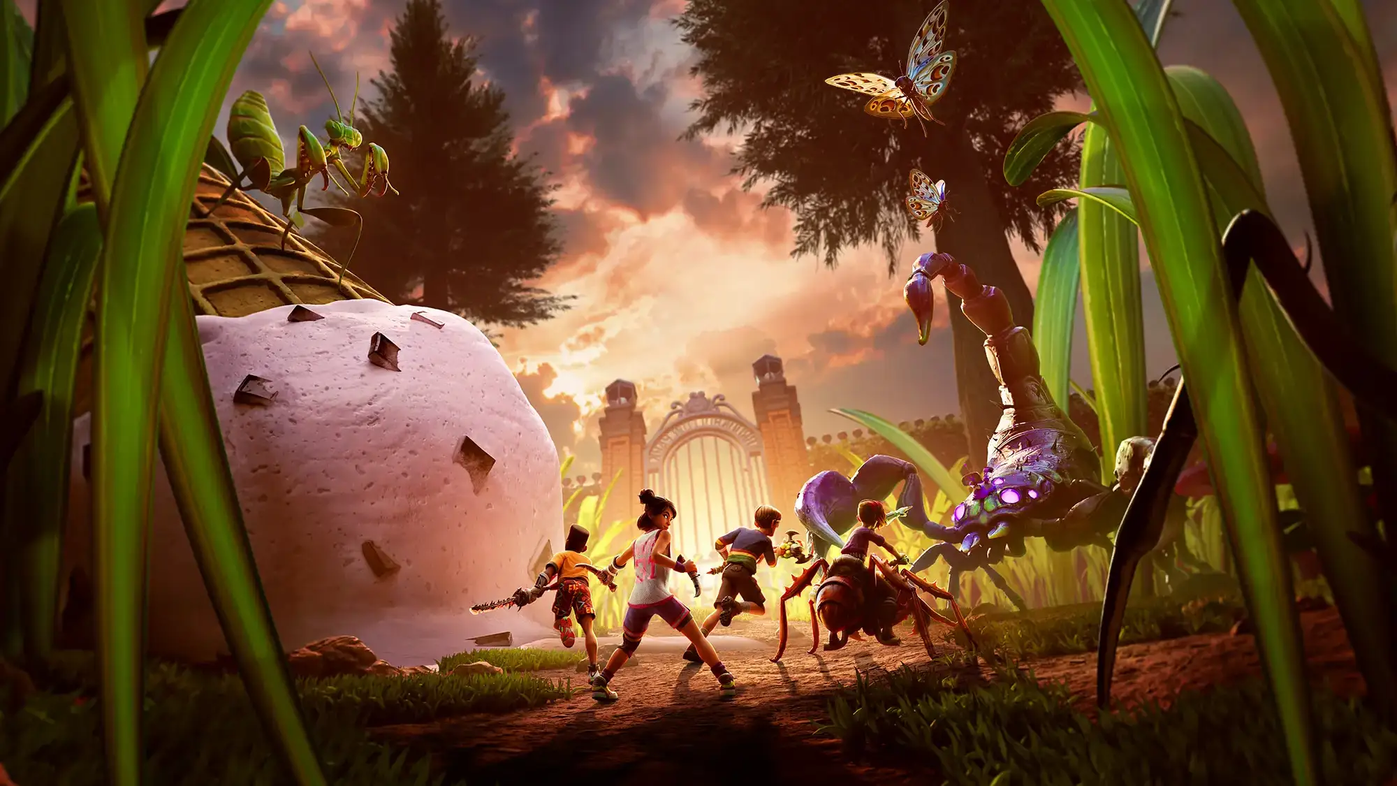 Key art for Grounded 2 showing shrunk-down survivors exploring Brookhollow Park with their insect Buggy mounts