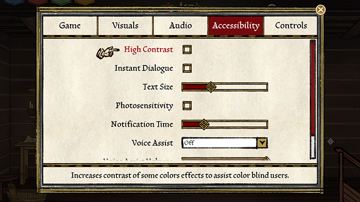 Pentiment accessibility settings menu showing options including High Contrast, Instant Dialogue, text size adjustment, photosensitivity toggle, notification time slider, and voice assist.