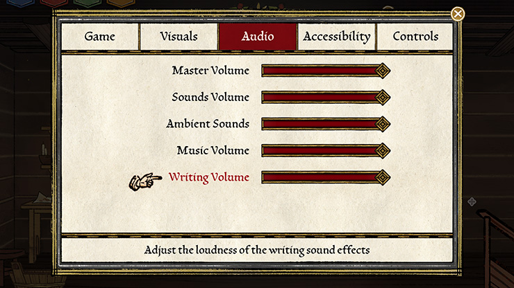 Screenshot of the Pentiment settings menu on the Audio tab showing sliders for Master Volume, Sounds Volume, Ambient Sounds, Music Volume, and Writing Volume.