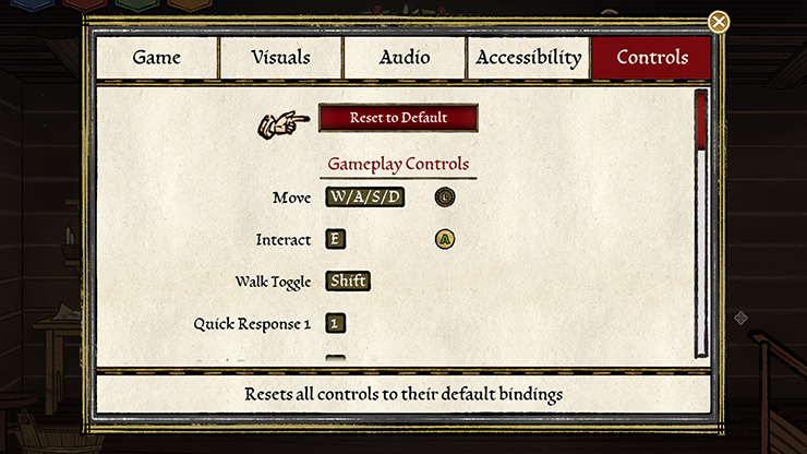 Screenshot of the Pentiment settings menu on the Controls tab showing gameplay controls including Move mapped to W, A, S, D, Interact mapped to E, Walk Toggle mapped to Shift, and Quick Response 1 mapped to 1.