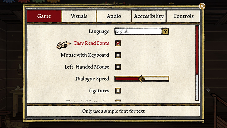 Screenshot of the Pentiment settings menu on the Game tab showing language set to English, an Easy Read Fonts option enabled, options for Mouse with Keyboard, Left-Handed Mouse, and a dialogue speed slider.
